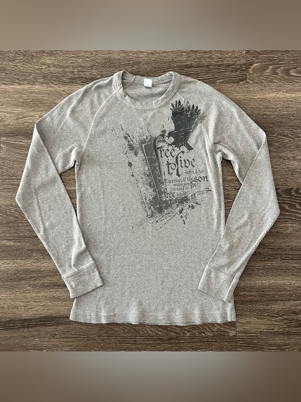 Y2K Kavio! Guy Ribbed Thermal Grey Long Sleeve Shirt Mens L Eagle Bible Graphic